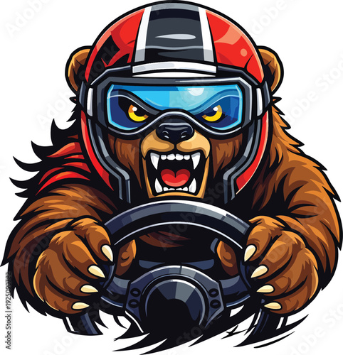 Aggressive Racing Bear Driver Mascot with Helmet and Steering Wheel Vector Illustration