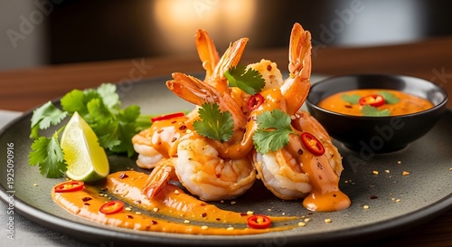 Wallpaper Mural Delicious Shrimp Dish with Spicy Sauce and Fresh Herbs. Torontodigital.ca