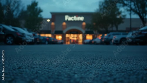 Retail store facade at dusk with parked cars in front parking lot