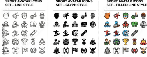 Sports Icon Set with Athlete Avatars — Line, Solid and Filled Glyph Vector Icons for Fitness, Football, Basketball and Training Web UI