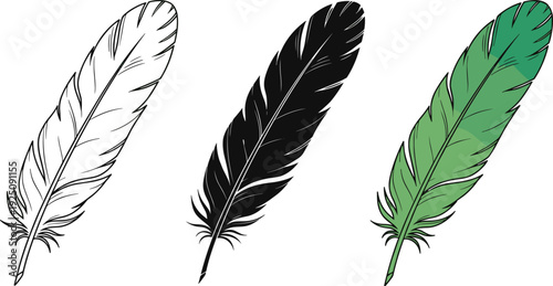 Feather illustration set in outline solid and green styles representing lightness freedom nature symbolism and decorative design elements isolated on white background
