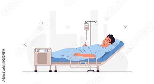 Patient Lying in Hospital Bed with IV Drip, Medical Care Illustration