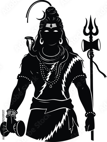 Lord Shiva Silhouette Illustration with Crescent Moon, Third Eye, Snake Around Neck, Trishula and Damaru, Rudraksha Beads, Matted Hair Topknot, and Sacred Hindu Artwork Design
