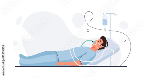 Patient on oxygen mask in hospital bed with IV drip, medical care illustration