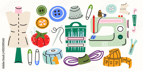 Needlework and sewing tools stickers set in cartoon groovy style. Sewing machine, thread spools, buttons, pins, thimbles and measuring tape. Handicraft hobby supplies vector shapes isolated