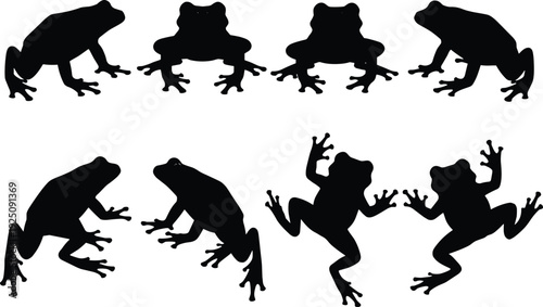 Black Frog Silhouette Icon Set Featuring Various Amphibian Poses Like Jumping Sitting and Swimming for Nature Wildlife Pond Biology Education and Tropical Tropical Animal Design
