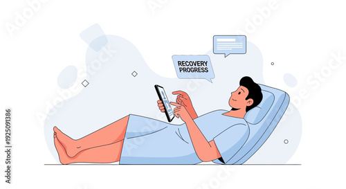 Patient Using Smartphone in Hospital Bed, Recovery Progress Message