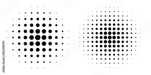 Set of halftone dots gradient pattern texture isolated on white background. Straight dotted spots using halftone circle dot raster texture.