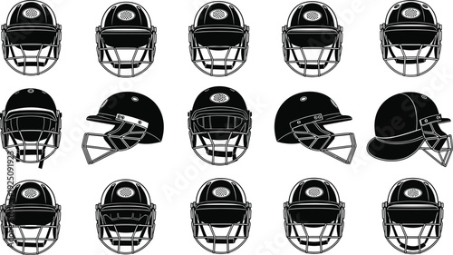 Engraved style illustrations of professional cricket helmets with protective face guards in various view angles isolated on white background for sports and safety concepts