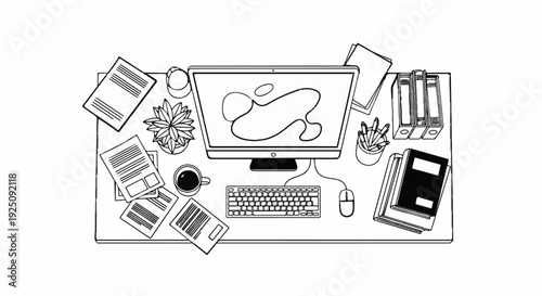 Overhead view of a desk with computer, keyboard, mouse, papers, coffee cup, and plant