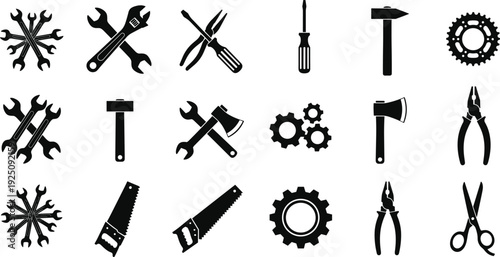 Large collection of black hand tool silhouettes and hardware icons including wrenches hammers saws axes and gears for industrial workshop construction repair and DIY projects