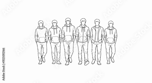 Sketch of six young men in casual hoodies and trousers walking