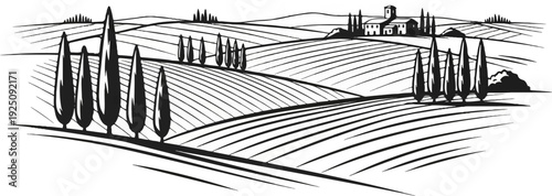 Rolling hills with cypress trees and a distant villa under a clear sky