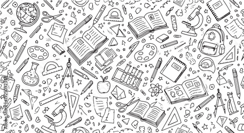 Back to school doodle seamless pattern. Hand drawn background with school supplies and creative elements. Vector illustration