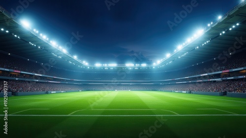 soccer stadium at night from field pov high resolution illuminated arena with dramatic floodlights and green grass perspective concept of sports industry, event marketing, broadcasting