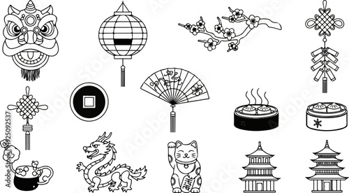 Collection of traditional Asian cultural icons and symbols