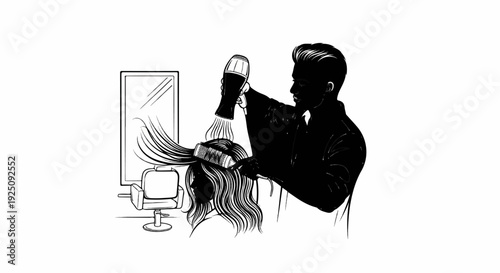 Stylist drying hair with brush and dryer in salon, mirror reflecting