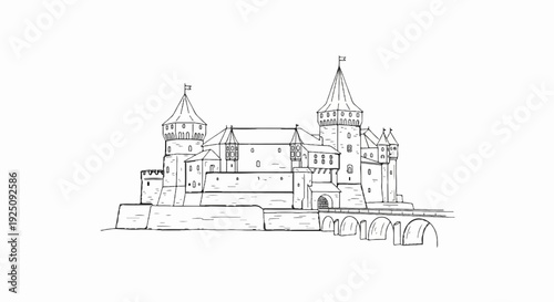A black and white sketch of a large stone castle with multiple towers and flags