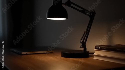 Desk Lamp Illuminating Dark Room with Laptop and Books