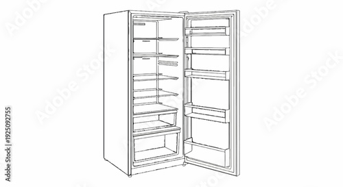 An open, empty refrigerator with multiple shelves and drawers inside