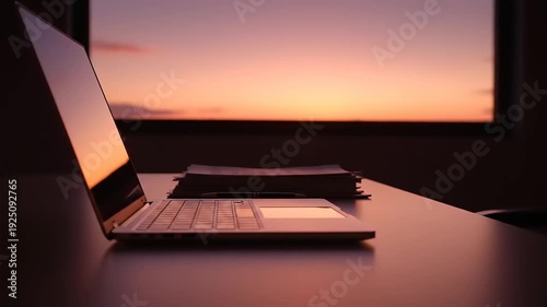 Laptop on Desk with Sunset Background View