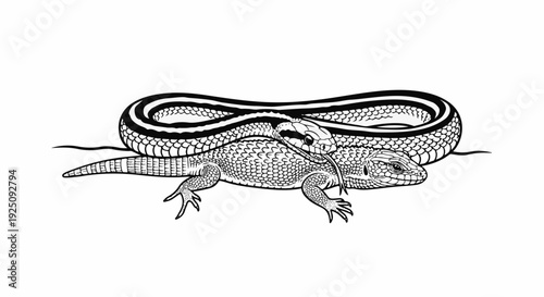 Black and white illustration of a snake intertwined with a lizard