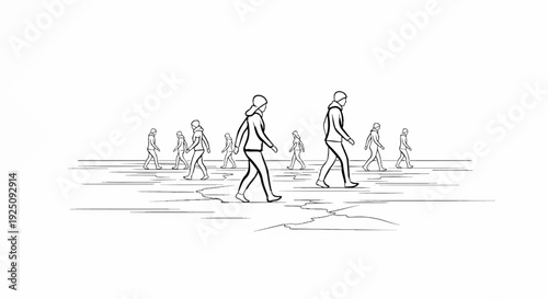 A group of stylized figures walk across a cracked, flat surface