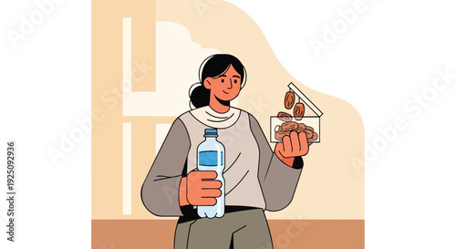 Muslim Woman Holding Dates and Water Bottle for Breaking Fast During Ramadan