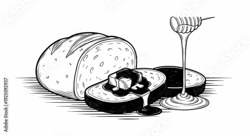 A loaf and slices of bread topped with butter and dripping honey