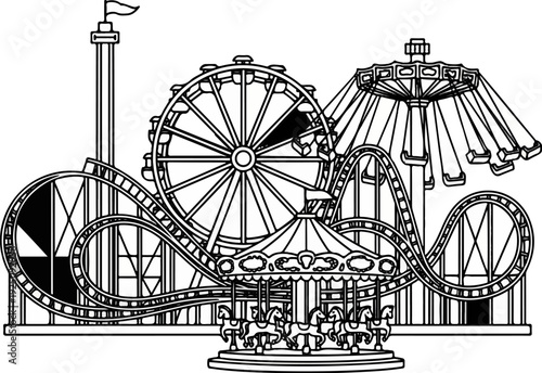 A lively amusement park scene with a carousel and thrilling rides