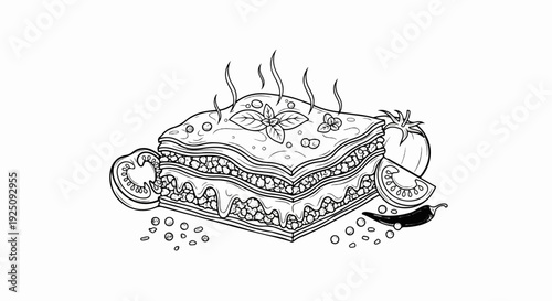 A steaming slice of lasagna with basil, tomato, and chili pepper