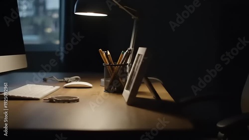Modern Minimalist Home Office Desk at Night with Desk Lamp
