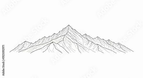 A stylized black and white illustration of a rugged mountain range