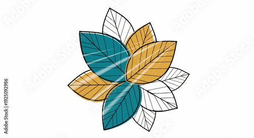 A stylized cluster of colorful leaves in teal and gold hues