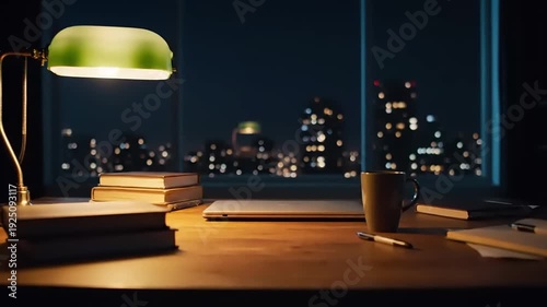 Cozy Night Workspace with Desk Lamp and City View