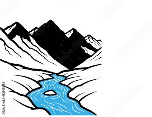 Stylized black and white mountains with a vibrant blue river flowing through a valley
