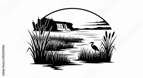 Black silhouette of a serene wetland scene with a waterfall and bird