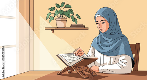 Young Muslim Woman Wearing Hijab Reading Holy Quran on Wooden Stand at Home