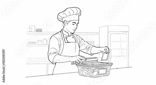 Chef preparing food in a kitchen, placing label on container