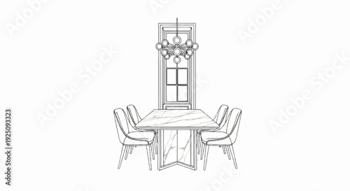 A sketch of a modern dining set with a chandelier