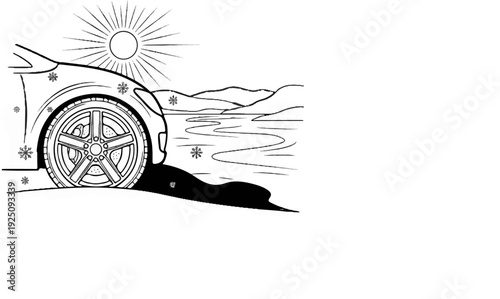 Car wheel on snowy ground with sun and distant hills
