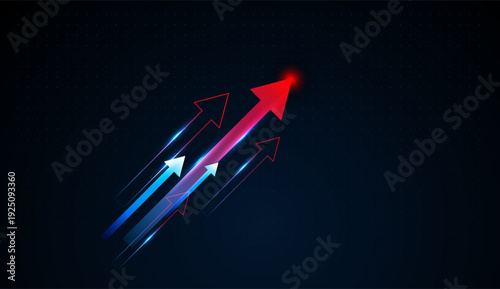 Digital grid backdrop enhances the arrows, emphasizing technology innovation across finance and business industries. Layered arrows illuminate the background Vector