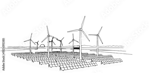 Clean energy farm with windmills and solar panels under a setting sun