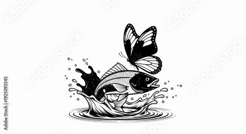 Fish leaps from water with butterfly flying nearby