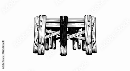 Detailed black and white illustration of a wooden pier structure