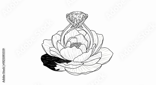 Detailed line drawing of a sparkling diamond ring atop a blooming flower