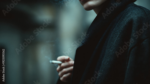 Moody person holding lit cigarette with bokeh background