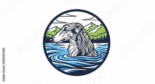 Dog in water with mountains and trees in background