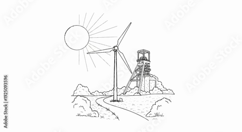 Drawing of a sun, wind turbine, and mine headframe in a landscape
