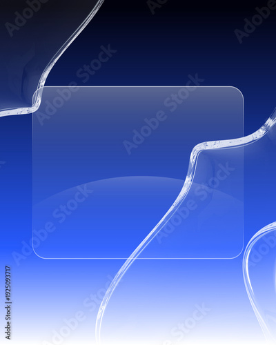 Transparent Glass Rectangle Overlay on Blue Gradient Background with Flowing Lines